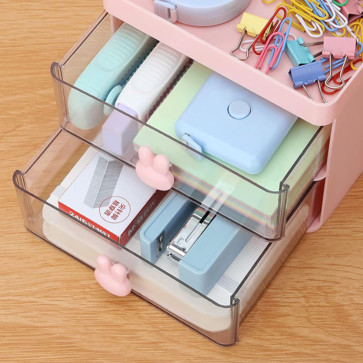 Small Desk Organizer With Drawer, Office Desktop Storage Box, Business Card/Pen/Pencil/Mobile Phone/Stationery Holder Storage Box, Makeup Organizer for Office School Home (Pink)