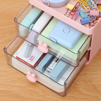Small Desk Organizer With Drawer, Office Desktop Storage Box, Business Card/Pen/Pencil/Mobile Phone/Stationery Holder Storage Box, Makeup Organizer for Office School Home (Pink)