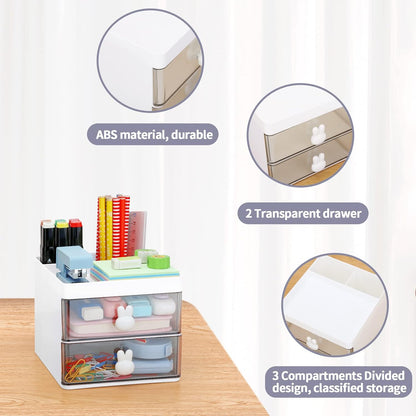 Small Desk Organizer With Drawer, Office Desktop Storage Box, Business Card/Pen/Pencil/Mobile Phone/Stationery Holder Storage Box, Makeup Organizer for Office School Home (Pink)