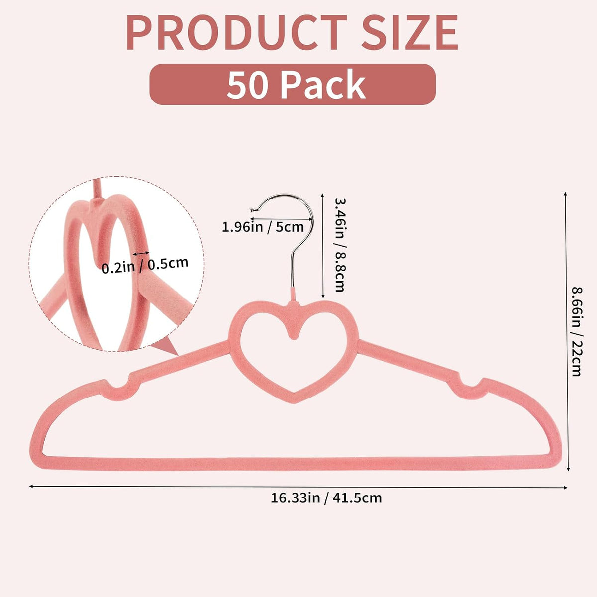 50 Pack Velvet Pink Hangers, Cute Heart Clothes Hangers with 360 Degree Swivel Hook, Non-Slip Thin Felt Hanger for Adult, Coat, Dress, Shirt, Jacket, Pants in Closet