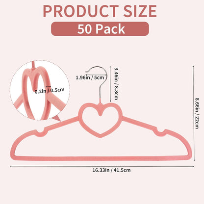 50 Pack Velvet Pink Hangers, Cute Heart Clothes Hangers with 360 Degree Swivel Hook, Non-Slip Thin Felt Hanger for Adult, Coat, Dress, Shirt, Jacket, Pants in Closet