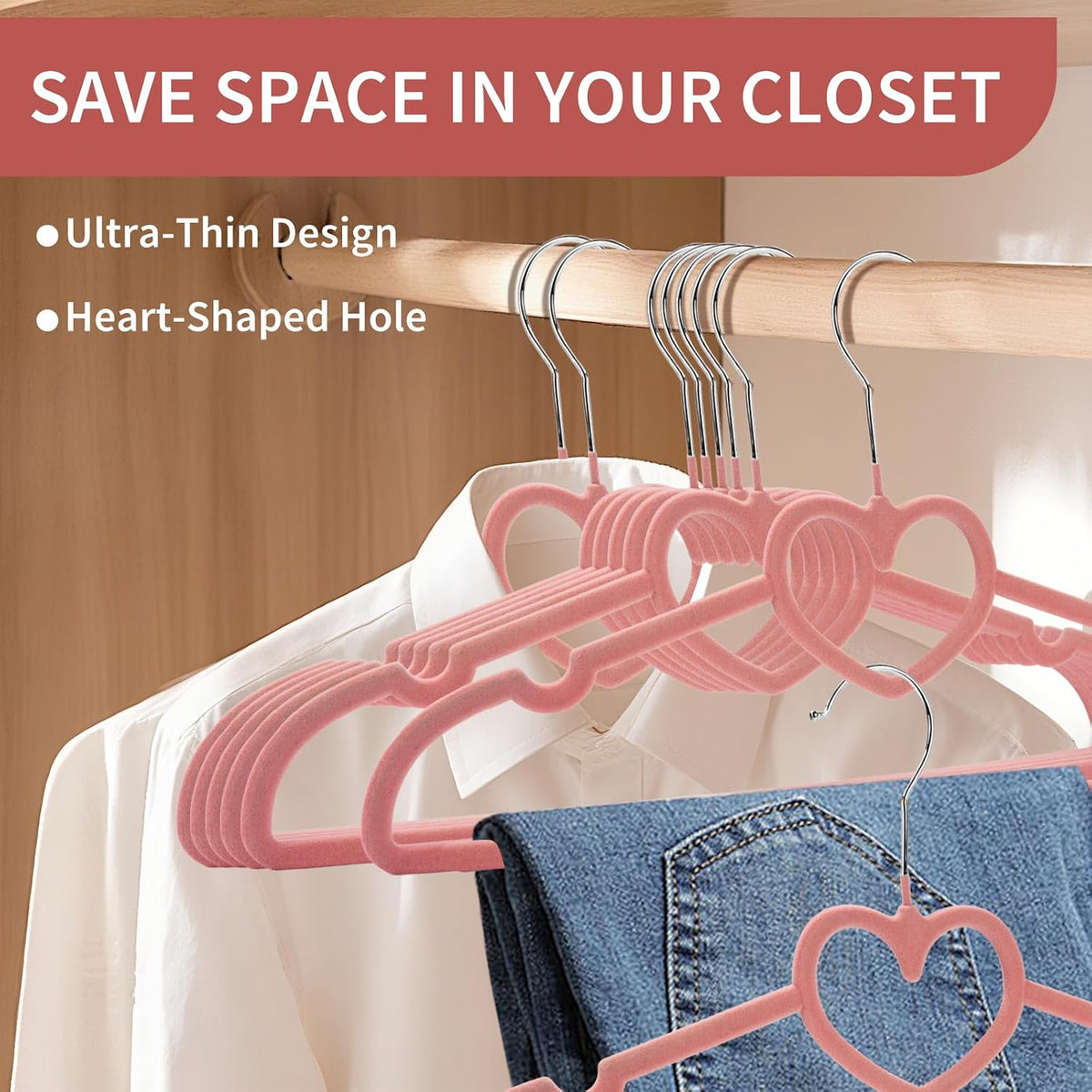 50 Pack Velvet Pink Hangers, Cute Heart Clothes Hangers with 360 Degree Swivel Hook, Non-Slip Thin Felt Hanger for Adult, Coat, Dress, Shirt, Jacket, Pants in Closet