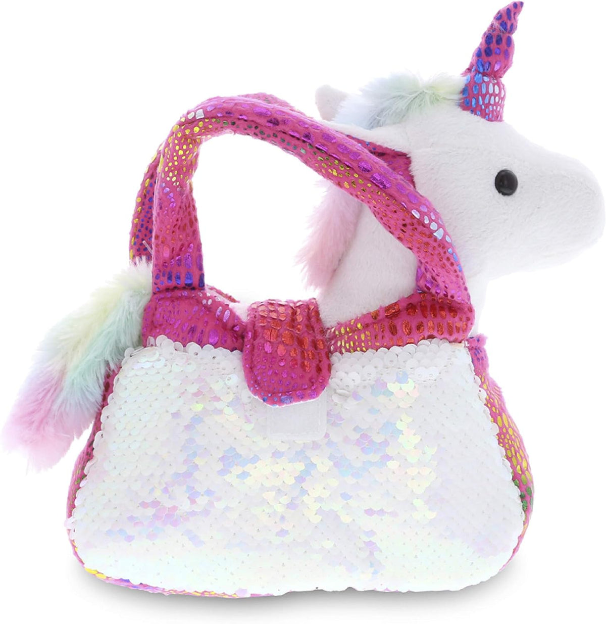 Pink Unicorn Plush Reversible Sequin Pet Carrier Handbag, White Sparkle Soft Stuffed Animal Carrier Toy Purse for Little Girls, Cute Toddler Girl's Pretend Play 9 Inch