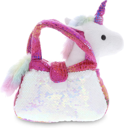 Pink Unicorn Plush Reversible Sequin Pet Carrier Handbag, White Sparkle Soft Stuffed Animal Carrier Toy Purse for Little Girls, Cute Toddler Girl's Pretend Play 9 Inch