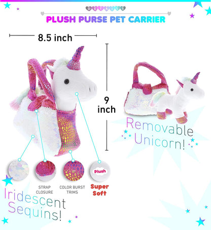 Pink Unicorn Plush Reversible Sequin Pet Carrier Handbag, White Sparkle Soft Stuffed Animal Carrier Toy Purse for Little Girls, Cute Toddler Girl's Pretend Play 9 Inch