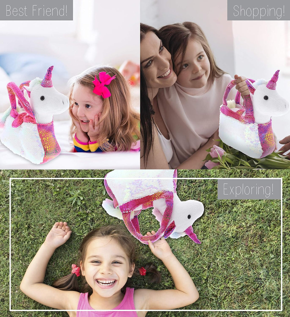 Pink Unicorn Plush Reversible Sequin Pet Carrier Handbag, White Sparkle Soft Stuffed Animal Carrier Toy Purse for Little Girls, Cute Toddler Girl's Pretend Play 9 Inch