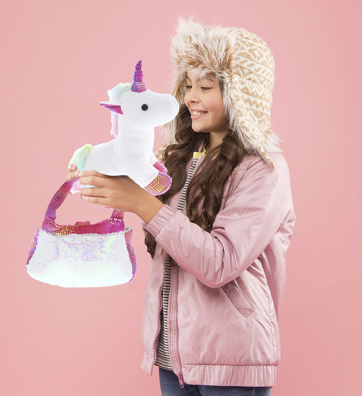 Pink Unicorn Plush Reversible Sequin Pet Carrier Handbag, White Sparkle Soft Stuffed Animal Carrier Toy Purse for Little Girls, Cute Toddler Girl's Pretend Play 9 Inch