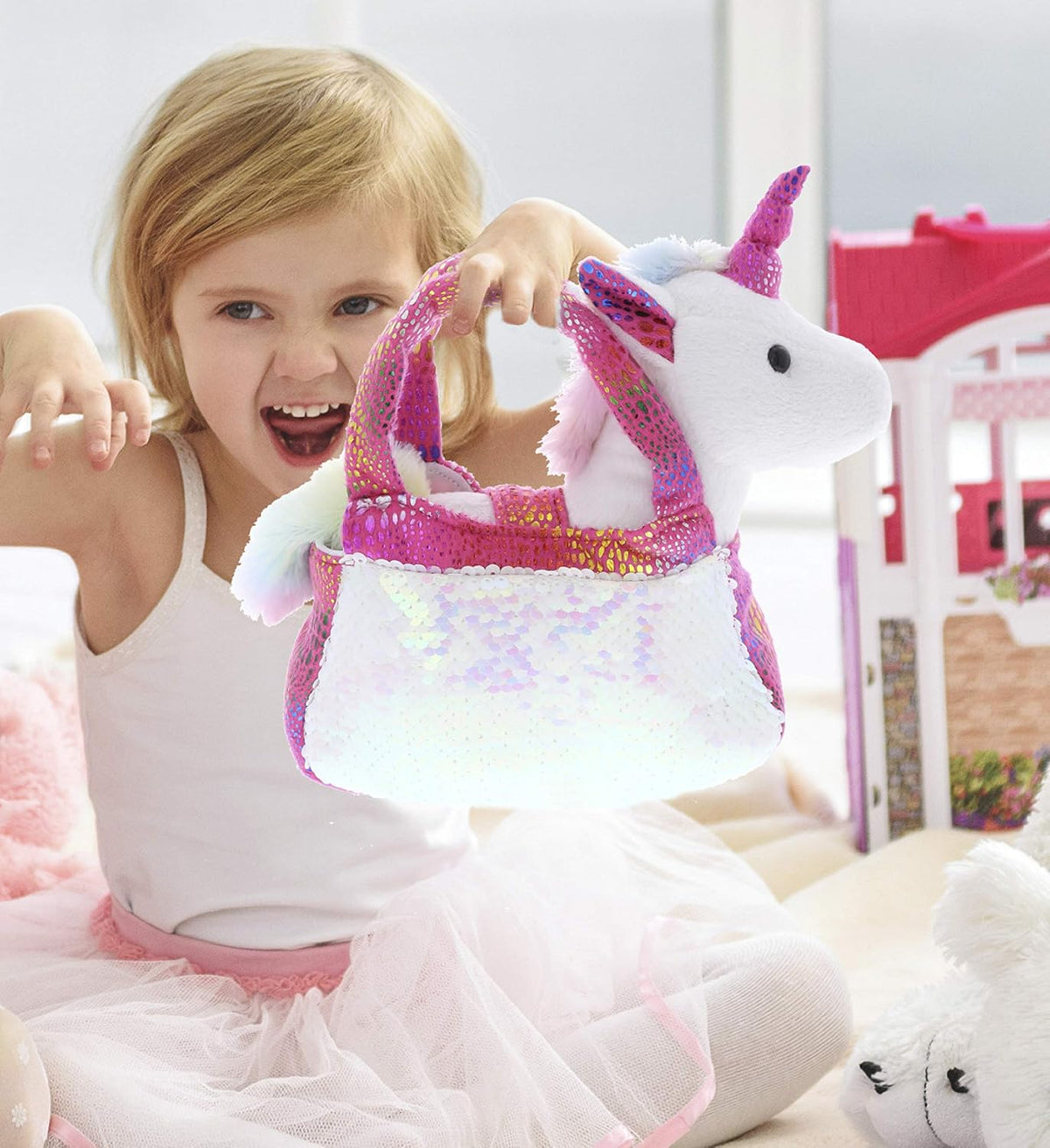 Pink Unicorn Plush Reversible Sequin Pet Carrier Handbag, White Sparkle Soft Stuffed Animal Carrier Toy Purse for Little Girls, Cute Toddler Girl's Pretend Play 9 Inch