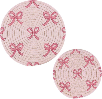 Coquette Bow Light Pink Trivet Mat 2PCS Round Woven Potholders Kitchen Table Countertop Protector Hot Pads Farmho