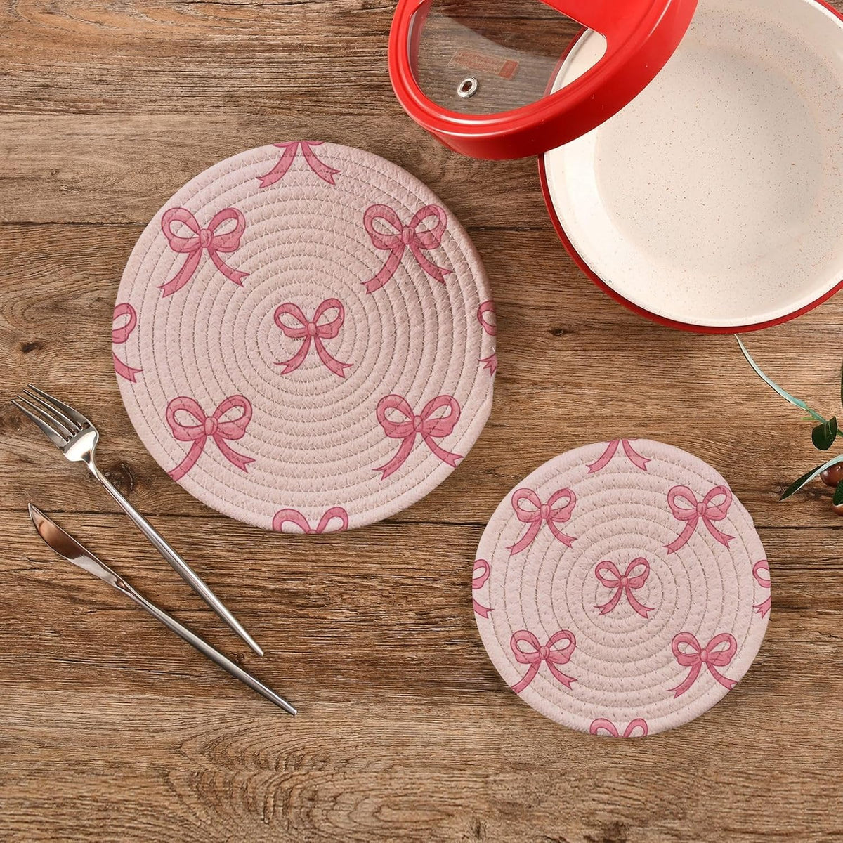 Coquette Bow Light Pink Trivet Mat 2PCS Round Woven Potholders Kitchen Table Countertop Protector Hot Pads Farmho
