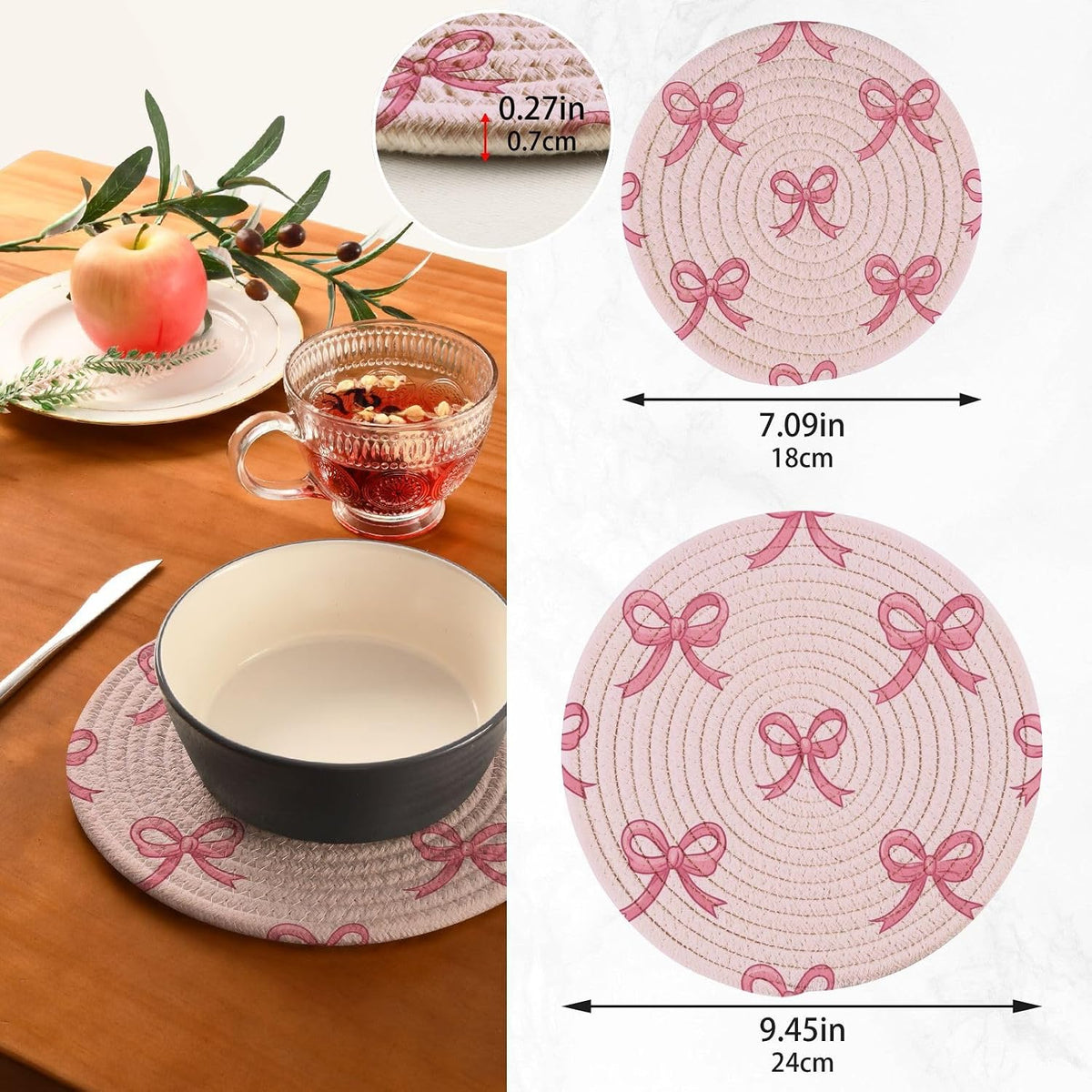Coquette Bow Light Pink Trivet Mat 2PCS Round Woven Potholders Kitchen Table Countertop Protector Hot Pads Farmho