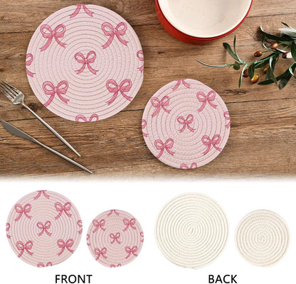Coquette Bow Light Pink Trivet Mat 2PCS Round Woven Potholders Kitchen Table Countertop Protector Hot Pads Farmho
