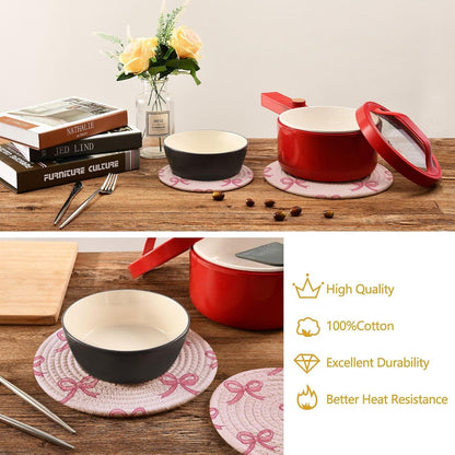 Coquette Bow Light Pink Trivet Mat 2PCS Round Woven Potholders Kitchen Table Countertop Protector Hot Pads Farmho