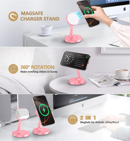 TXXTOL Magnetic Wireless Charger iPhone Stand, 15W Fast Mag-Safe Charger iPhone 17/17 Air/17 Pro/17 Pro Max 16/15/14/13/12 Series Magnet Wireless Charging Station/Pad/AirPods for Home, Office, Travel