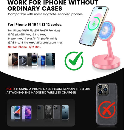 TXXTOL Magnetic Wireless Charger iPhone Stand, 15W Fast Mag-Safe Charger iPhone 17/17 Air/17 Pro/17 Pro Max 16/15/14/13/12 Series Magnet Wireless Charging Station/Pad/AirPods for Home, Office, Travel