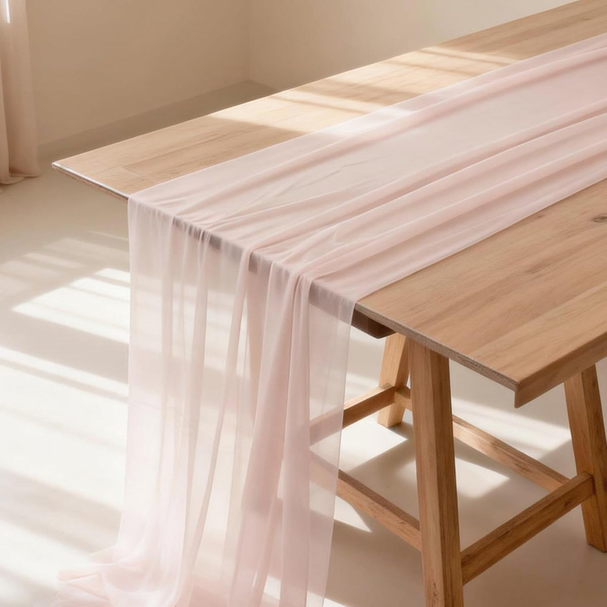 2PCS Light Pink Chiffon Table Runner 28x120 Inches Sheer Gauze Table Runner