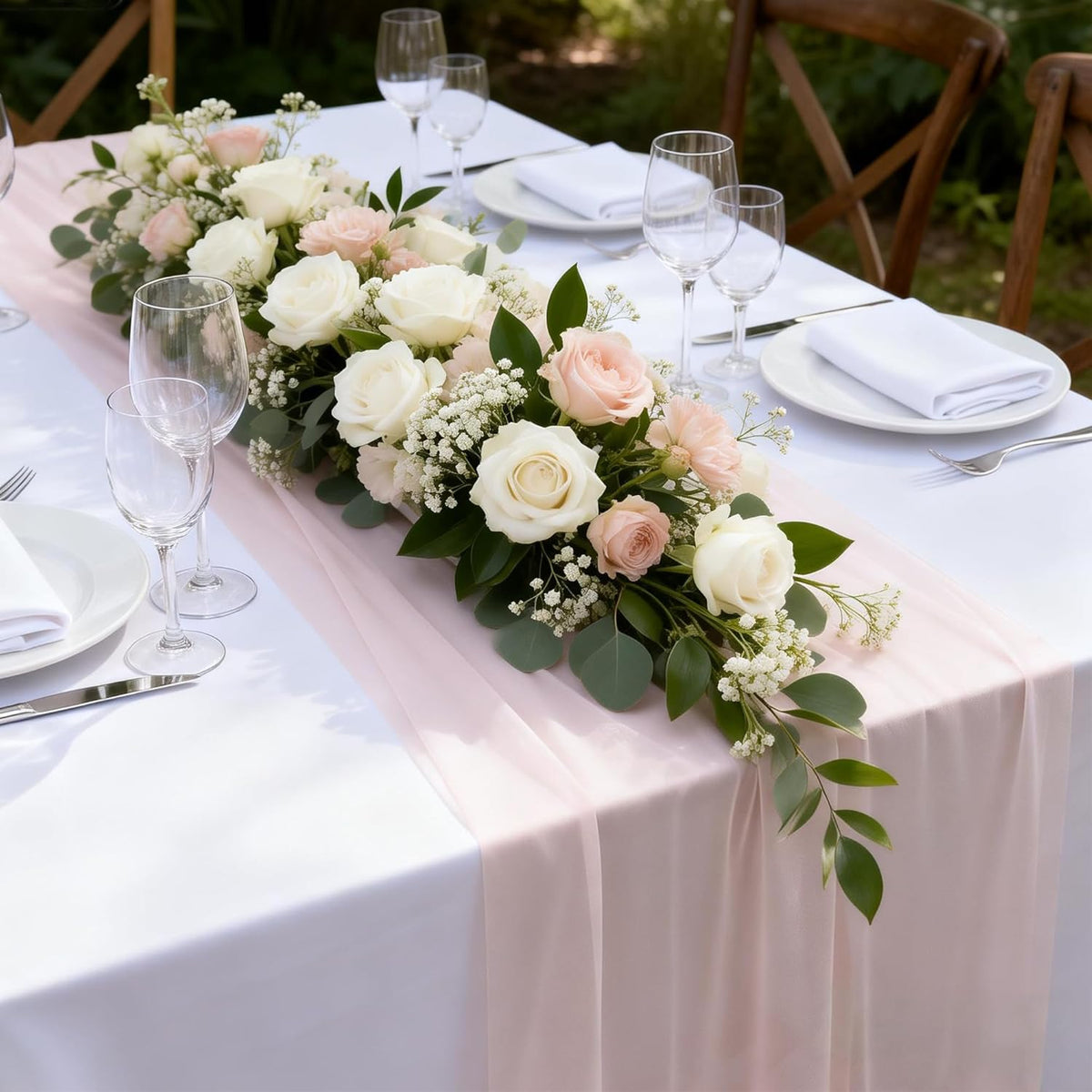 2PCS Light Pink Chiffon Table Runner 28x120 Inches Sheer Gauze Table Runner
