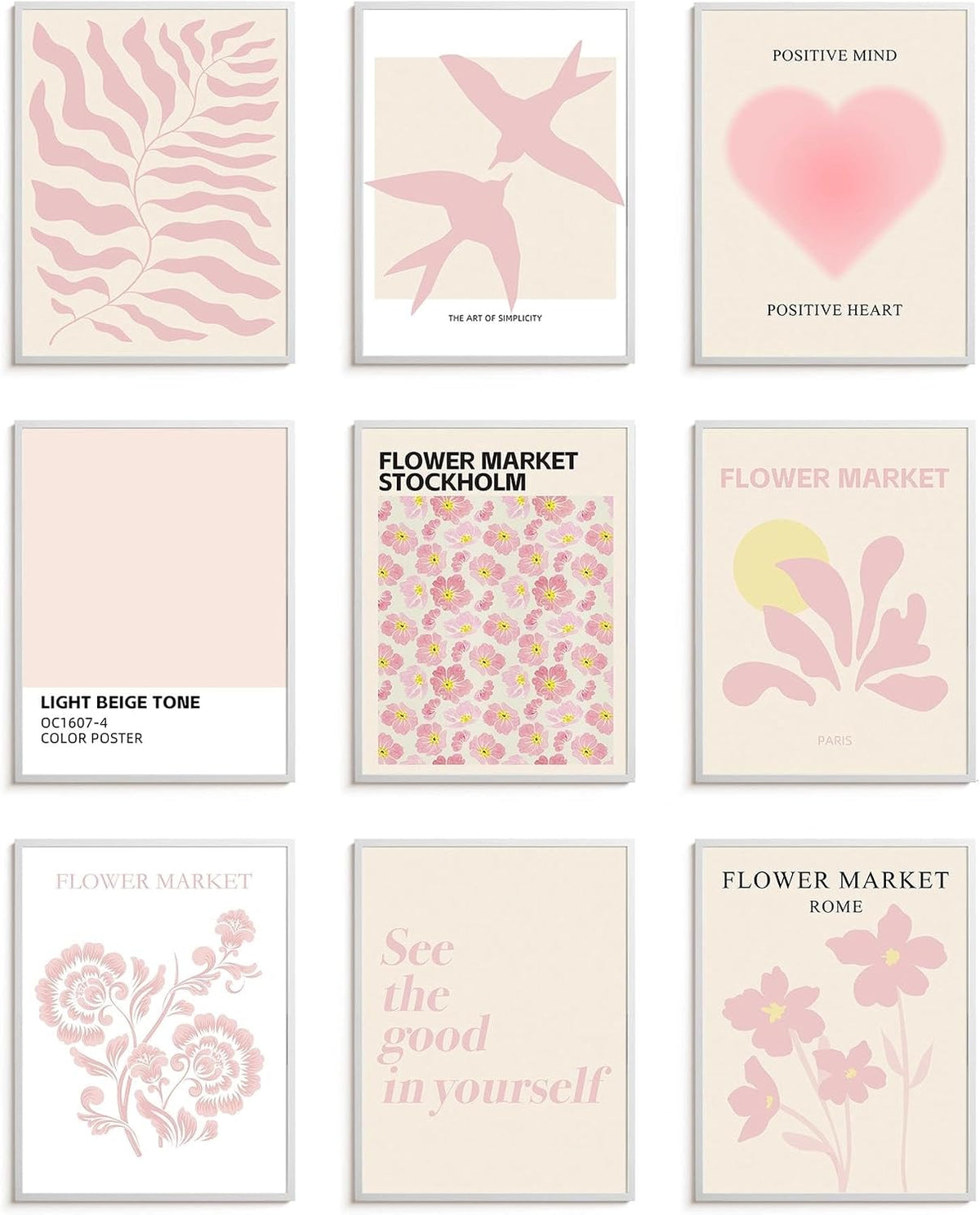 9 Pcs Pink Preppy Room Decor - 8x10 Unframed Aesthetic Abstract Flower Posters, Pastel Gallery Wall Art, Chic Boho Prints for Teen Girls Bedroom, College Dorm Essentials