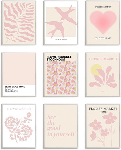 9 Pcs Pink Preppy Room Decor - 8x10 Unframed Aesthetic Abstract Flower Posters, Pastel Gallery Wall Art, Chic Boho Prints for Teen Girls Bedroom, College Dorm Essentials