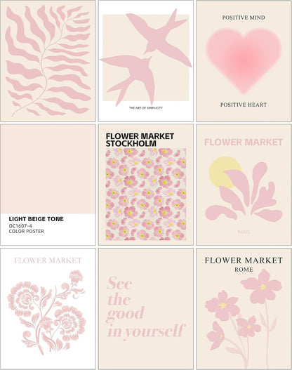 9 Pcs Pink Preppy Room Decor - 8x10 Unframed Aesthetic Abstract Flower Posters, Pastel Gallery Wall Art, Chic Boho Prints for Teen Girls Bedroom, College Dorm Essentials
