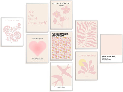 9 Pcs Pink Preppy Room Decor - 8x10 Unframed Aesthetic Abstract Flower Posters, Pastel Gallery Wall Art, Chic Boho Prints for Teen Girls Bedroom, College Dorm Essentials