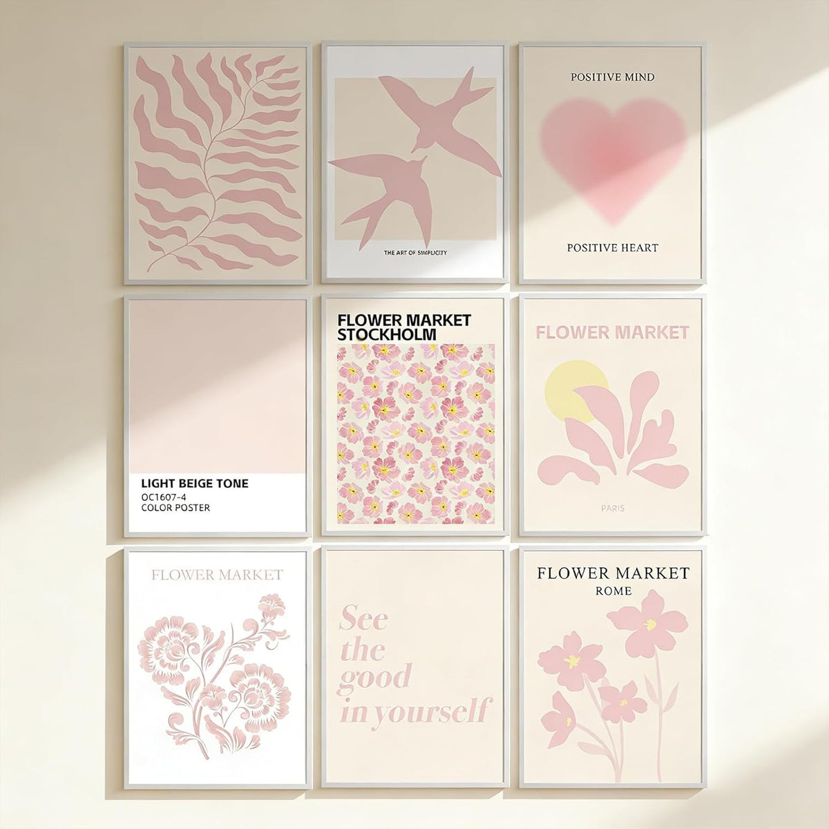 9 Pcs Pink Preppy Room Decor - 8x10 Unframed Aesthetic Abstract Flower Posters, Pastel Gallery Wall Art, Chic Boho Prints for Teen Girls Bedroom, College Dorm Essentials