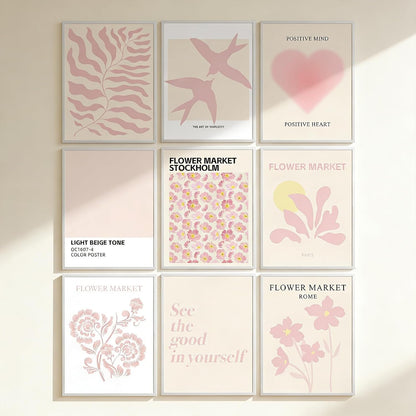 9 Pcs Pink Preppy Room Decor - 8x10 Unframed Aesthetic Abstract Flower Posters, Pastel Gallery Wall Art, Chic Boho Prints for Teen Girls Bedroom, College Dorm Essentials