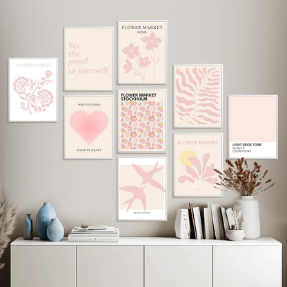 9 Pcs Pink Preppy Room Decor - 8x10 Unframed Aesthetic Abstract Flower Posters, Pastel Gallery Wall Art, Chic Boho Prints for Teen Girls Bedroom, College Dorm Essentials