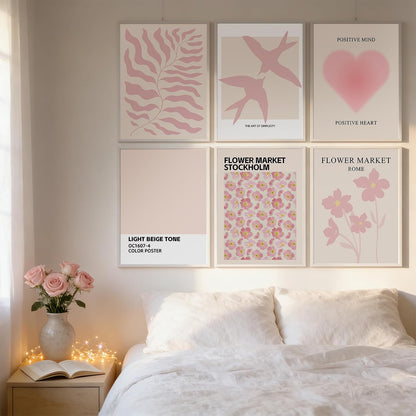 9 Pcs Pink Preppy Room Decor - 8x10 Unframed Aesthetic Abstract Flower Posters, Pastel Gallery Wall Art, Chic Boho Prints for Teen Girls Bedroom, College Dorm Essentials