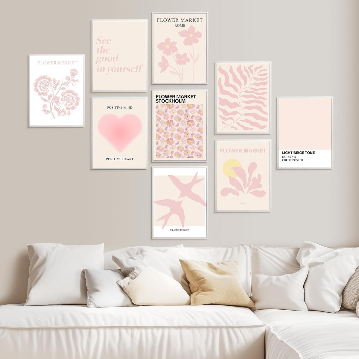 9 Pcs Pink Preppy Room Decor - 8x10 Unframed Aesthetic Abstract Flower Posters, Pastel Gallery Wall Art, Chic Boho Prints for Teen Girls Bedroom, College Dorm Essentials