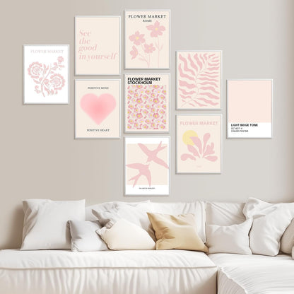 9 Pcs Pink Preppy Room Decor - 8x10 Unframed Aesthetic Abstract Flower Posters, Pastel Gallery Wall Art, Chic Boho Prints for Teen Girls Bedroom, College Dorm Essentials