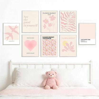 9 Pcs Pink Preppy Room Decor - 8x10 Unframed Aesthetic Abstract Flower Posters, Pastel Gallery Wall Art, Chic Boho Prints for Teen Girls Bedroom, College Dorm Essentials