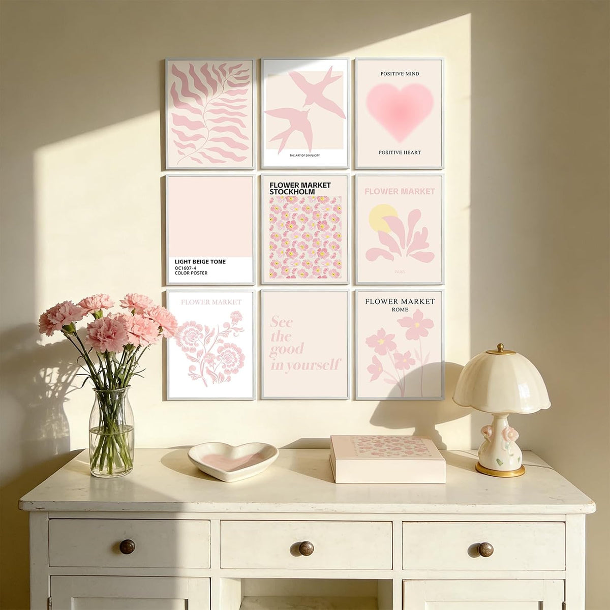 9 Pcs Pink Preppy Room Decor - 8x10 Unframed Aesthetic Abstract Flower Posters, Pastel Gallery Wall Art, Chic Boho Prints for Teen Girls Bedroom, College Dorm Essentials