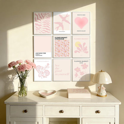 9 Pcs Pink Preppy Room Decor - 8x10 Unframed Aesthetic Abstract Flower Posters, Pastel Gallery Wall Art, Chic Boho Prints for Teen Girls Bedroom, College Dorm Essentials