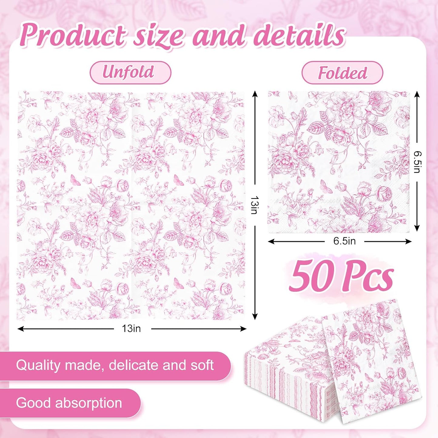 JarThenaAMCS Pink Flower Paper Napkins Floral Disposable Napkins Wildflower Square Luncheon Dinner Napkin for Party Supplies Table Decor, 50 Pcs
