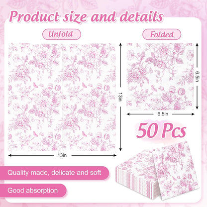 JarThenaAMCS Pink Flower Paper Napkins Floral Disposable Napkins Wildflower Square Luncheon Dinner Napkin for Party Supplies Table Decor, 50 Pcs