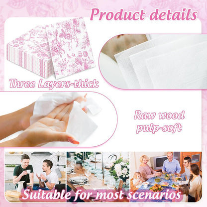 JarThenaAMCS Pink Flower Paper Napkins Floral Disposable Napkins Wildflower Square Luncheon Dinner Napkin for Party Supplies Table Decor, 50 Pcs