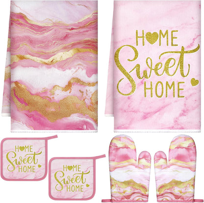 6 Pcs Pink Kitchen Decor Marble Kitchen Towels Set Pot Holders and Oven Mitts Pink Marble Linens Set for Baking Cooking Grilling Cleaning Supply Accessories
