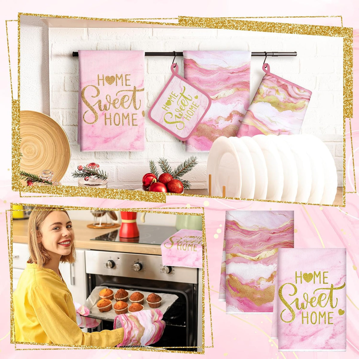 6 Pcs Pink Kitchen Decor Marble Kitchen Towels Set Pot Holders and Oven Mitts Pink Marble Linens Set for Baking Cooking Grilling Cleaning Supply Accessories