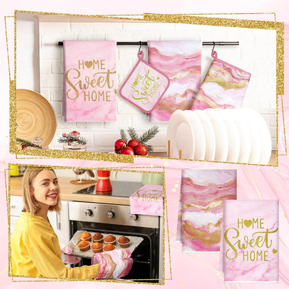 6 Pcs Pink Kitchen Decor Marble Kitchen Towels Set Pot Holders and Oven Mitts Pink Marble Linens Set for Baking Cooking Grilling Cleaning Supply Accessories