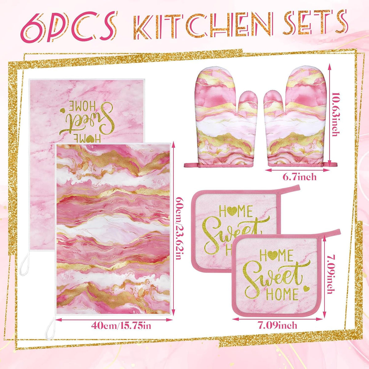 6 Pcs Pink Kitchen Decor Marble Kitchen Towels Set Pot Holders and Oven Mitts Pink Marble Linens Set for Baking Cooking Grilling Cleaning Supply Accessories