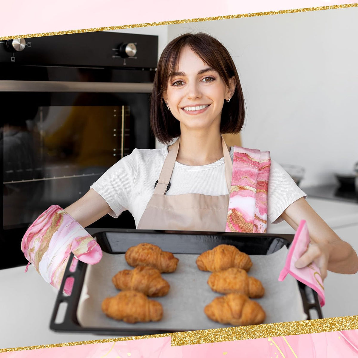 6 Pcs Pink Kitchen Decor Marble Kitchen Towels Set Pot Holders and Oven Mitts Pink Marble Linens Set for Baking Cooking Grilling Cleaning Supply Accessories