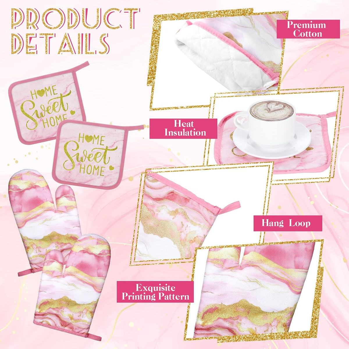 6 Pcs Pink Kitchen Decor Marble Kitchen Towels Set Pot Holders and Oven Mitts Pink Marble Linens Set for Baking Cooking Grilling Cleaning Supply Accessories