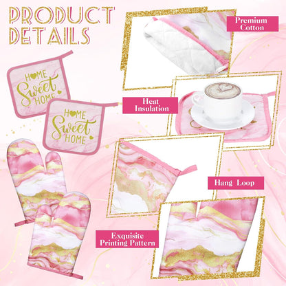6 Pcs Pink Kitchen Decor Marble Kitchen Towels Set Pot Holders and Oven Mitts Pink Marble Linens Set for Baking Cooking Grilling Cleaning Supply Accessories