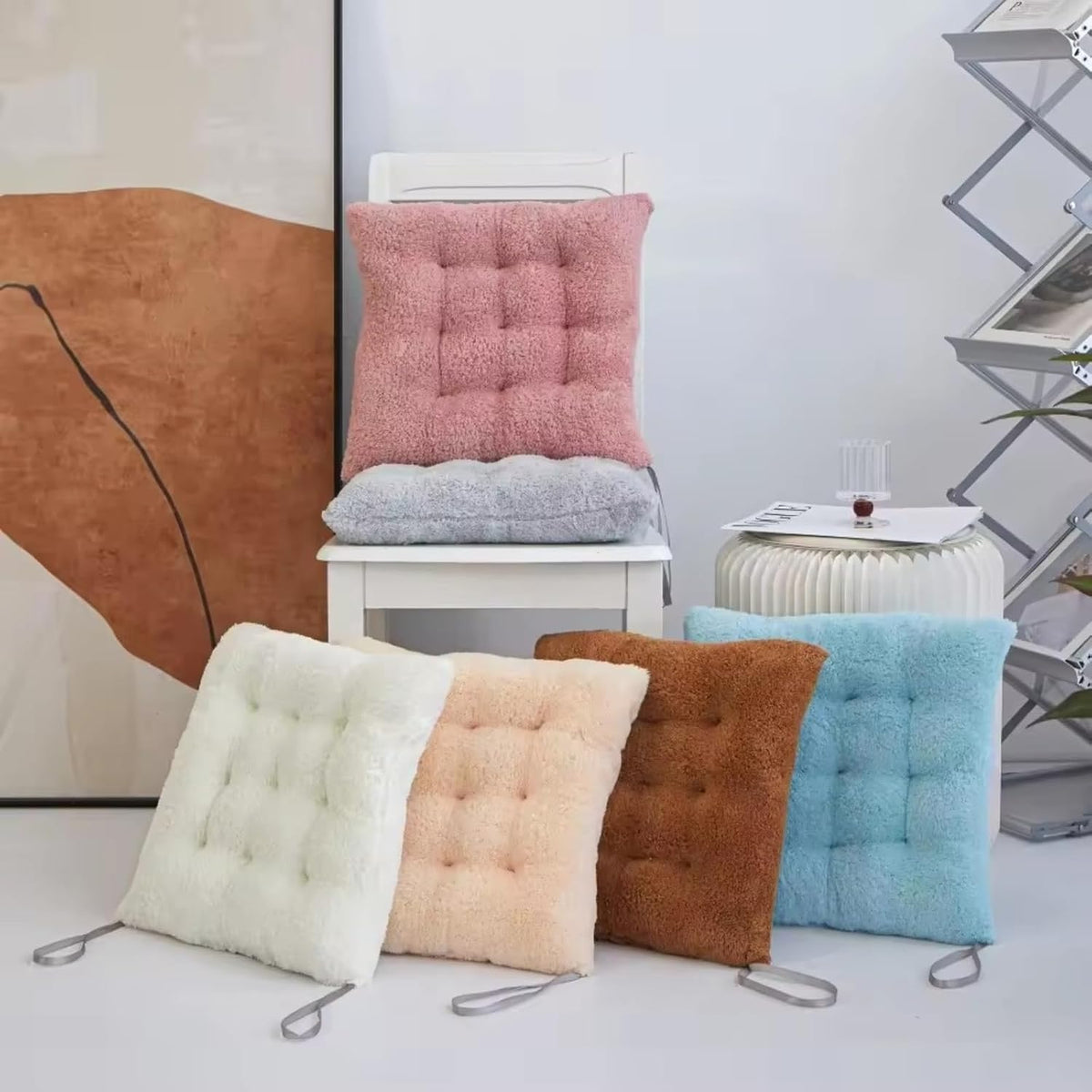 Luxury Sherpa Fleece Chair Cushions with Ties Cushion Pillow 15x15x3 Inch Thick Padding & Tufted Design Plush Tufted Chair Pads for Indoor Dining Room and Kitchen Chairs (Pink,15"x15")