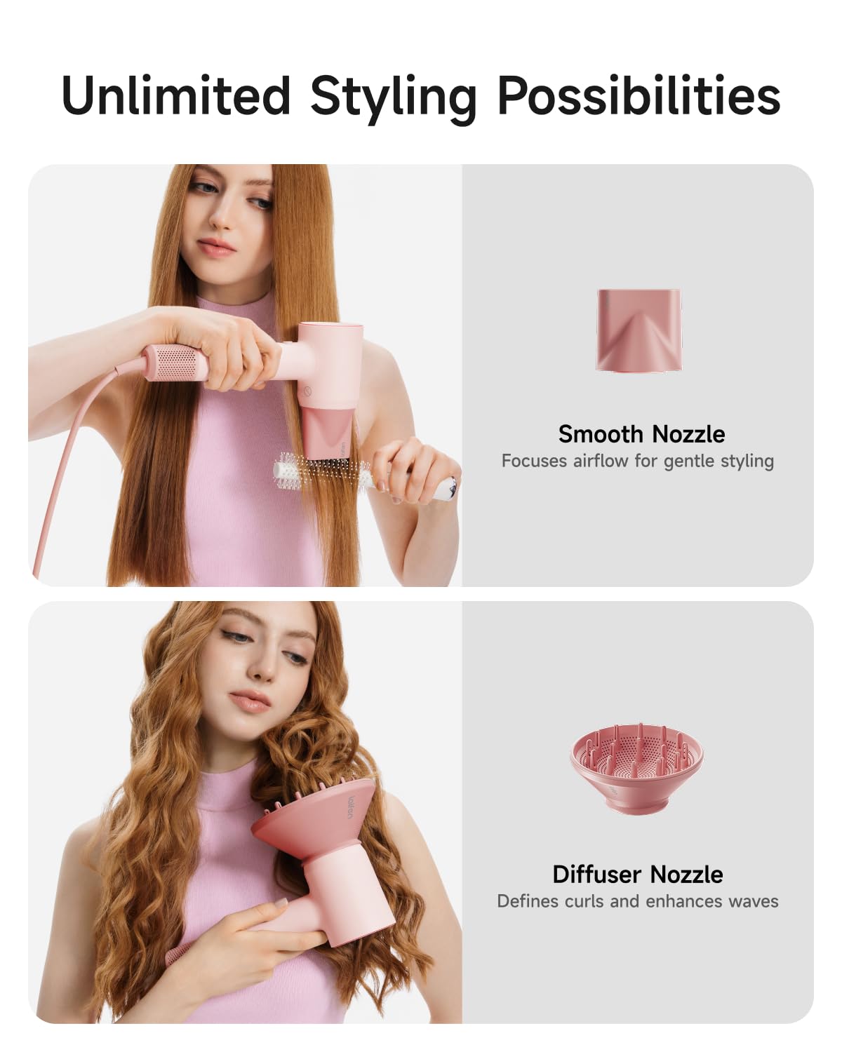 SE 2 Diffuser Hair Dryer for Women, 21.5m/s Air Speed, Pink