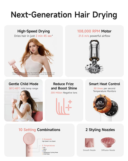 SE 2 Diffuser Hair Dryer for Women, 21.5m/s Air Speed, Pink