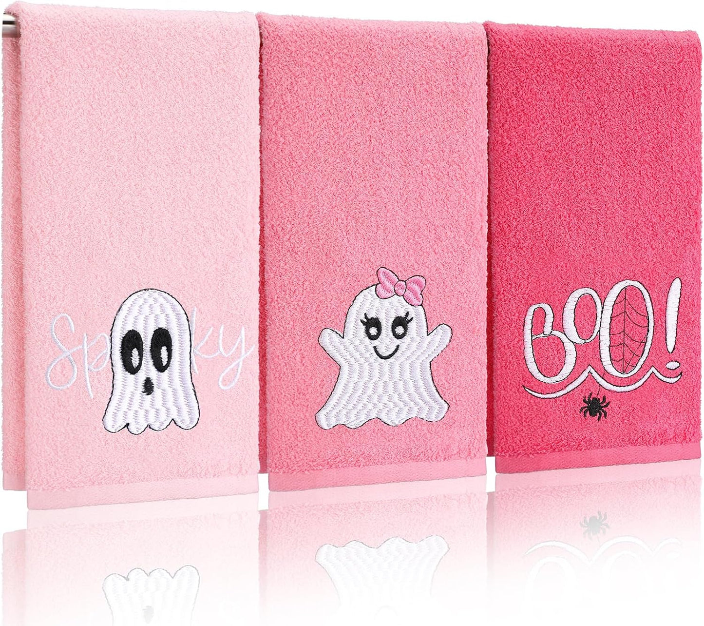 3 Pcs Pink Halloween Ghost Boo Hand Towels for Bathroom