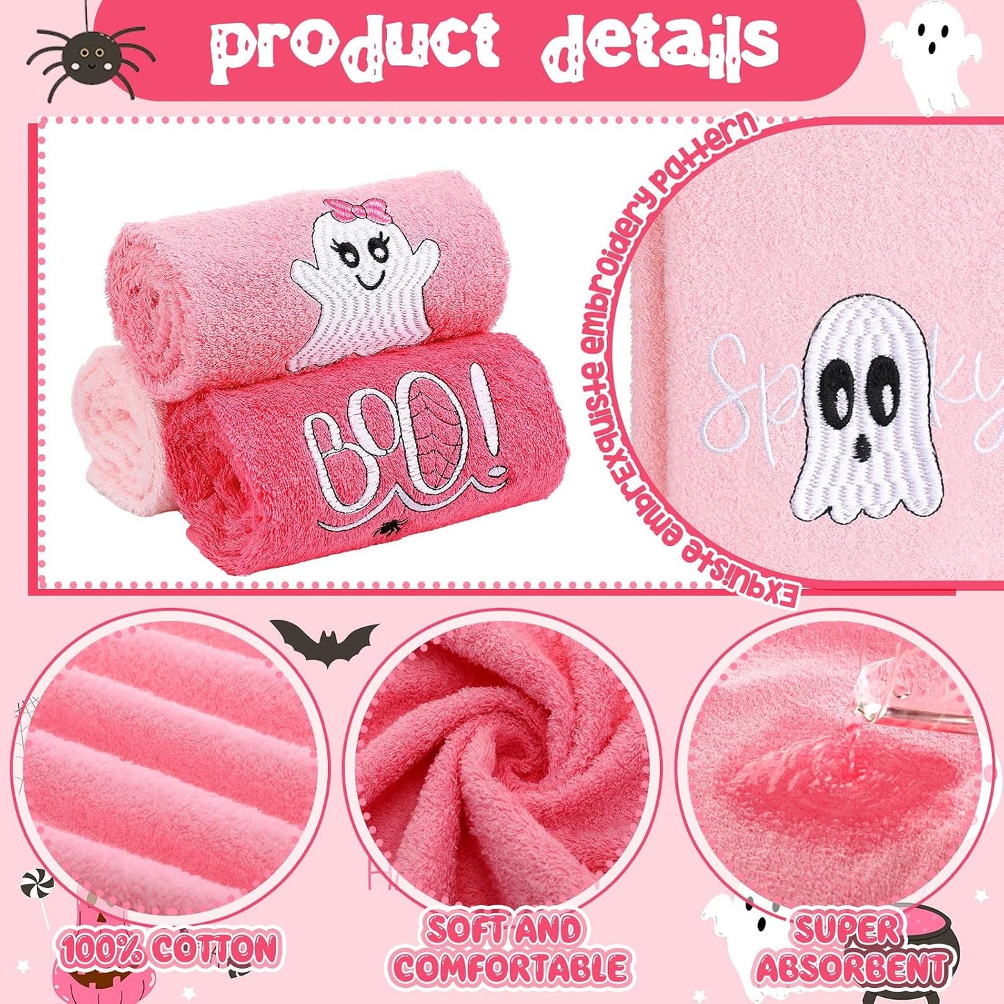 3 Pcs Pink Halloween Ghost Boo Hand Towels for Bathroom
