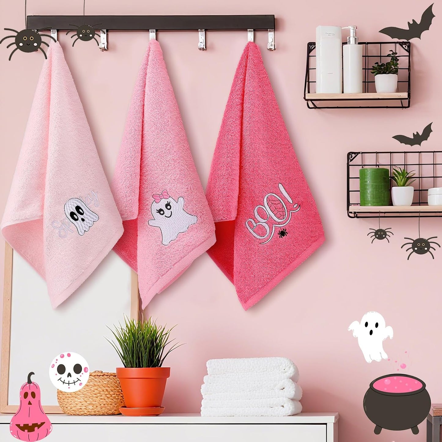 3 Pcs Pink Halloween Ghost Boo Hand Towels for Bathroom